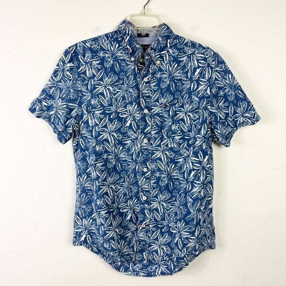 Tommy Hilfiger Blue & White Floral Short Sleeve Button Down Casual Dress Shirt S
